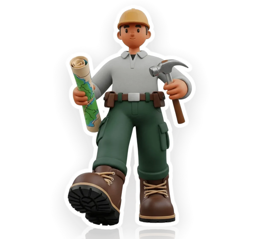 A 3d Image of a Geologist holding a Hammer and a Map